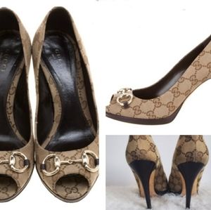 GUCCI Open-Toe Brown Canvas Print Heels SZ 6.5